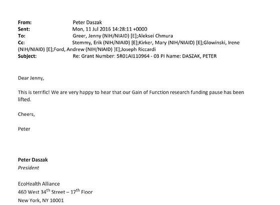 justin_hart's tweet photo. Here's a bit of a smoking gun that EchoHealth Alliance and NIAID 100% knew about their efforts to push Gain of Function research. 2016 email from Peter Daszak: "we are very happy to hear that our Gain of Function research funding pause has been lifted." https://t.co/YLHyACfnQX