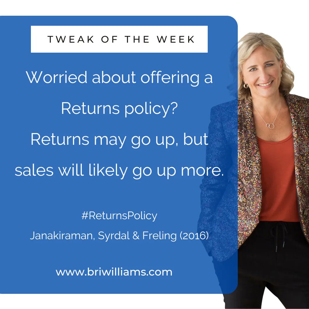 peoplepatterns's tweet photo. One of the most common questions I get:
Should I offer a returns policy?
Yes.
While returns might go up, sales are likely to go up more.
#Tweakoftheweek #BehSci #InfluencingAction #JustDoThis https://t.co/IqfHWNQQVf