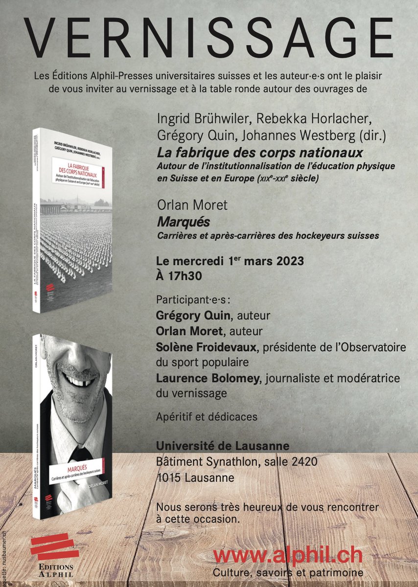 AvaHs_Sport's tweet photo. Ce mercredi (1er mars) aura lieu le vernissage de deux nouveaux ouvrages parus aux éditions #Alphil! Rendez-vous à 17h30 dans le Bâtiment #Synathlon du campus de @unil avec @LBolomey #SolèneFroidevaux et les auteurs #OrlanMoret et #GrégoryQuin Infos: https://t.co/eVHSef16Xa https://t.co/fPamVBpRbf