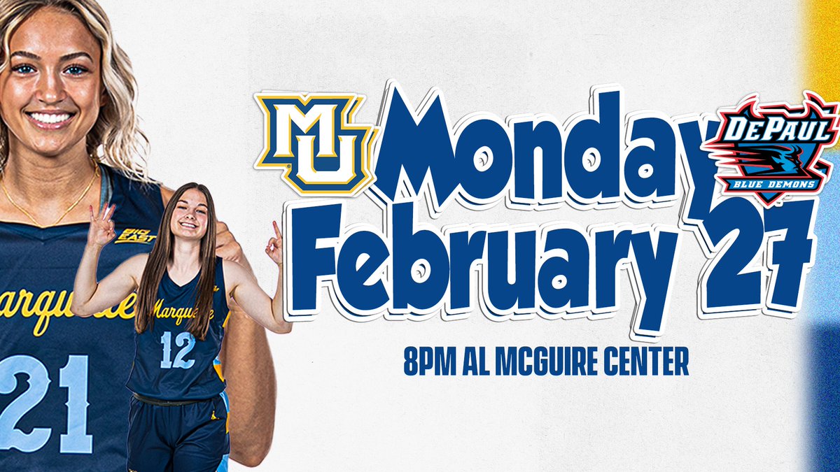MarquetteWBB's tweet photo. Marquette wraps up its regular season Monday night as it hosts DePaul in a Senior Night showdown on FS1
PREVIEW β‘οΈ https://t.co/IUzQYV1qKq
#MWUBB https://t.co/3ntt2SvK6w