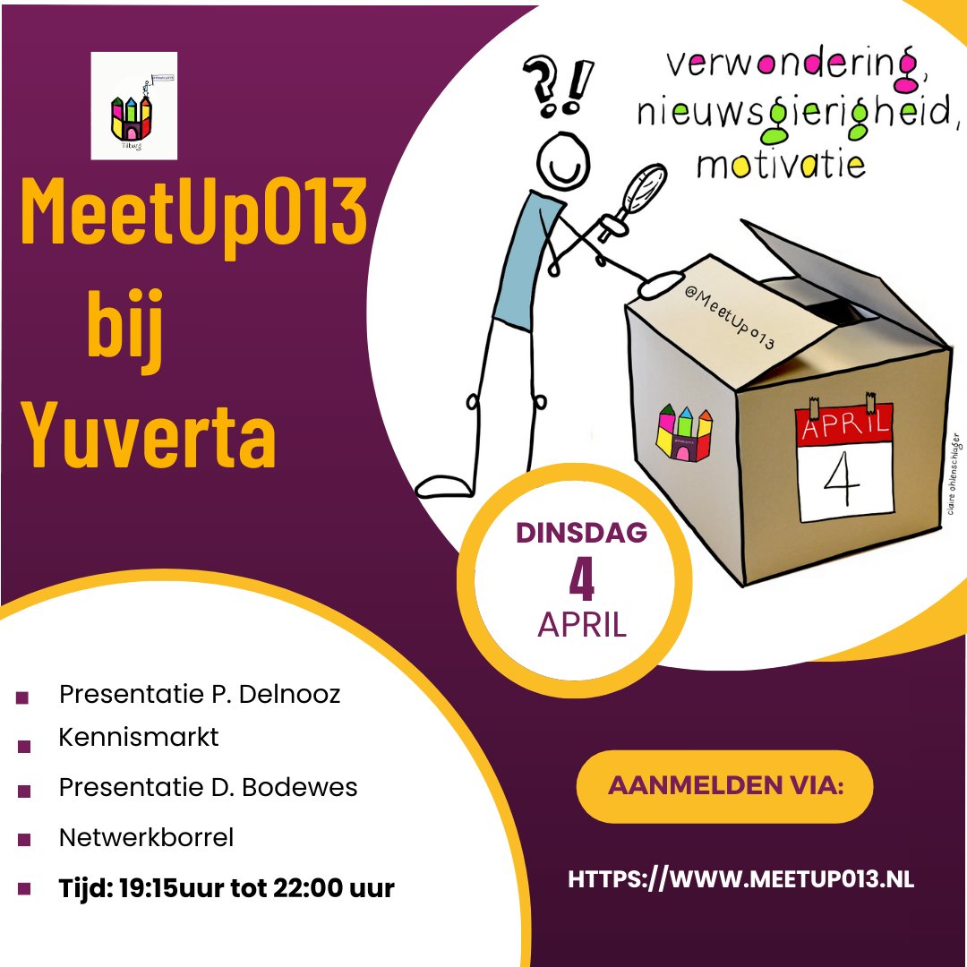 Meetup013's tweet image. 4 april een nieuwe #MeetUp013.
Onderwerp: Verwondering Nieuwsgierigheid Motivatie
We zijn welkom bij Yuverta @mbotilburg .
Kom je ook?
Meld je wel aan via: meetup013.nl
Delen =fijn