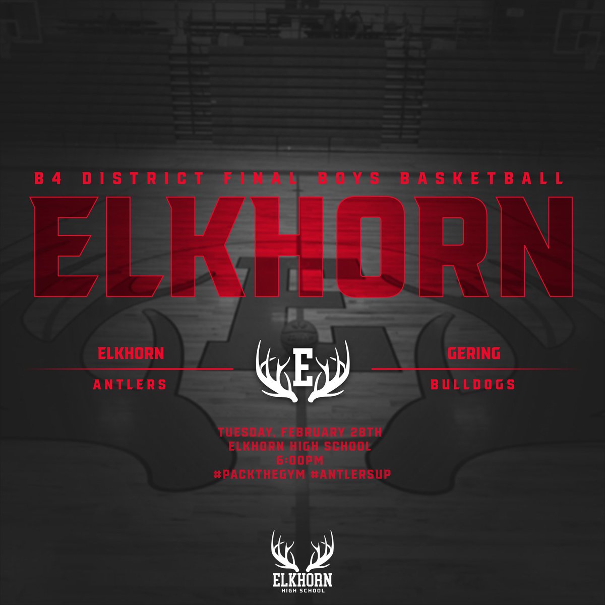 🚨 B4 District Finals BBB 🚨
<a href="/antlerbball/">Elkhorn Boys Basketball</a> vs. <a href="/GeringBulldogs/">Gering Bulldogs</a> 

📅 Tuesday, 2/28 
⏰ 6:00pm 
💲 No Passes, Adults $6.00/Students $5.00 
📺 striv.tv/channel/elkhor…

Let's PACK THE GYM on Tuesday Antlers Fans!! Winner earns their ticket to the NSAA Class B State Tournament!!