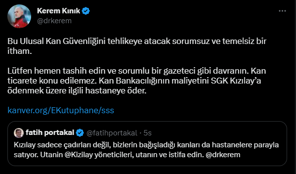 Haber's tweet photo. Kızılay Başkanı Kınık, Kızılay’ın hastalara kan satmadığını, kan ihtiyacı durumunda ilgili bedelin Kızılay'a ödenmek üzere SGK tarafından karşılandığını açıkladı. https://t.co/QkKgRjEH7A