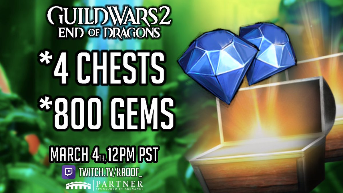 KROOF_'s tweet photo. Celebrating the next story update for GW2: End of Dragons, I will be doing a giveaway live, on March 4th! 
(12PM PST)

Follow, Like, &amp; Retweet!
✨(x4) Community Chests
💠(x2) 400 Gem Codes

🔴 Twitch: https://t.co/QCZ0XVh7jJ

*Sponsored by ArenaNet
#GuildWars2 https://t.co/l4QipF3CtO