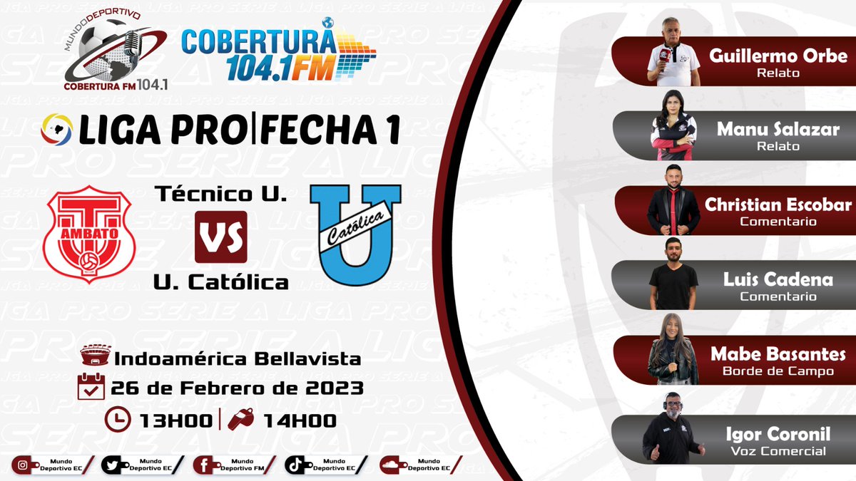 MundoDeporEC's tweet photo. #LigaPro| continúan las emociones de nuestro fútbol, el @TecnicoUOficial recibe a @UCatolicaEC, la jornada 1 la vivimos en Radio Cobertura 104.1FM y  @MundoDeporEC. https://t.co/Uejin37X20