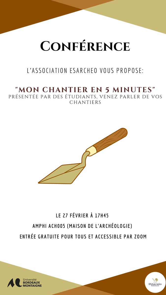 Bonjour à toutes et à tous,

Demain à 17h45 en Amphi ACH005 de la Maison de l'Archéologie aura lieu notre conférence "Mon chantier en 5 minutes" présentée par des étudiants volontaires afin de valoriser les expériences de fouilles.

Nous vous attendons nombreuses et nombreux 😁