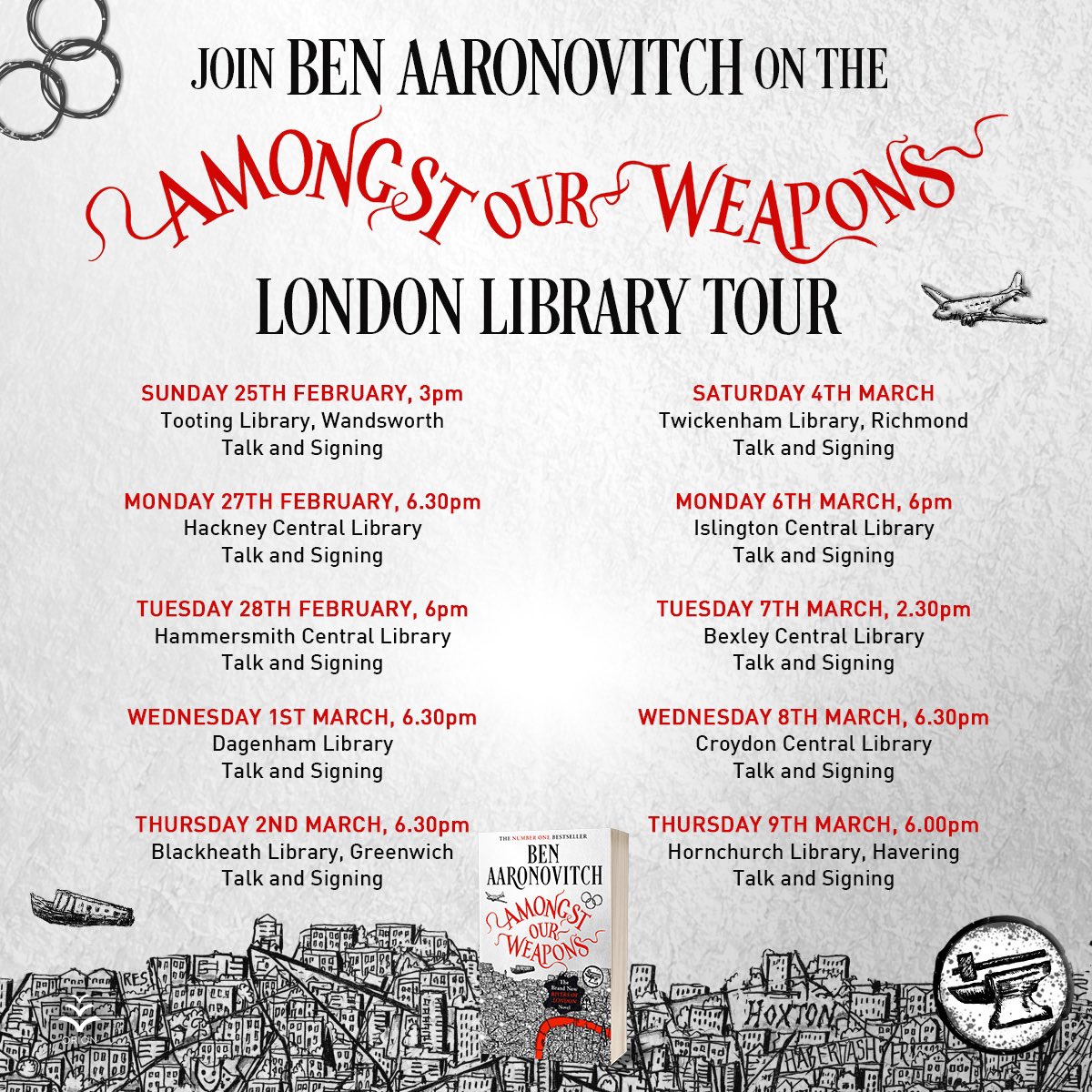 .@Ben_Aaronovitch’s London Library Tour continues this coming week!

Hackney Central Library (@hackneylibs) tomorrow; Hammersmith Central Library on Tuesday (@LBHFLibraries)! 

#AmongstOurWeapons @gollancz @orionbooks #RiversOfLondon