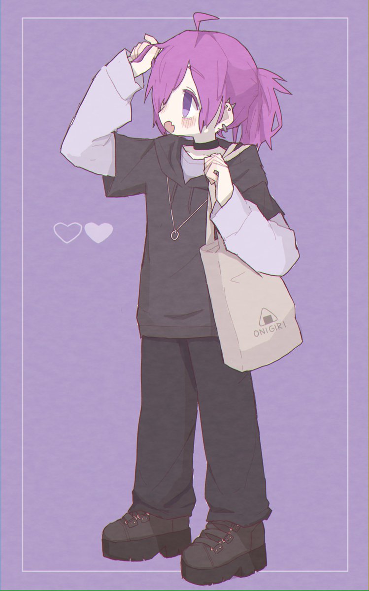 solo layered sleeves purple eyes purple hair bag short over long sleeves jewelry  illustration images