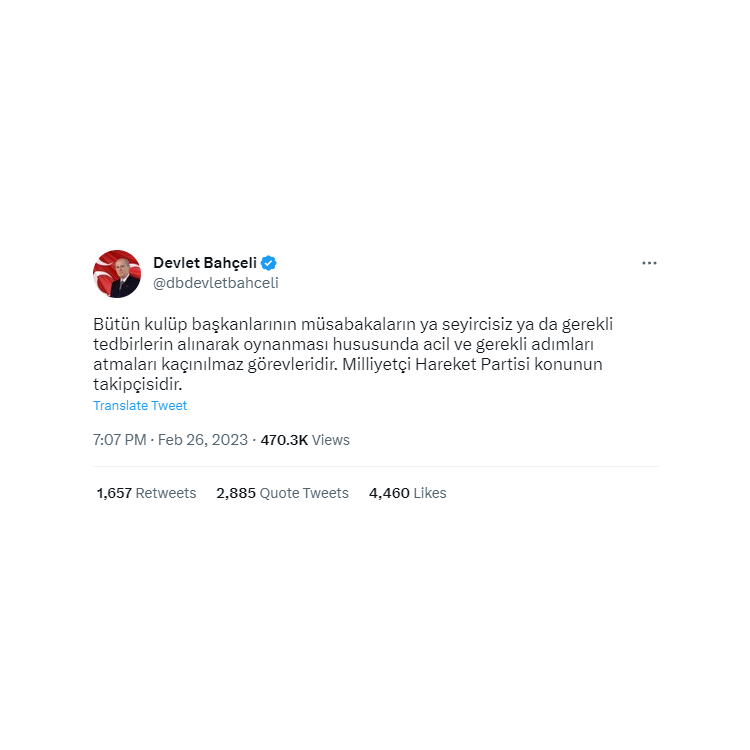 tribundergi's tweet photo. MHP Genel Başkanı Devlet Bahçeli, "futbol maçlarının seyircisiz ya da gerekli tedbirlerin alınarak oynanması hususunda acil ve gerekli adımların atılmasını" ifade ettiği bir tweet paylaştı. https://t.co/h1vDTU9qRr