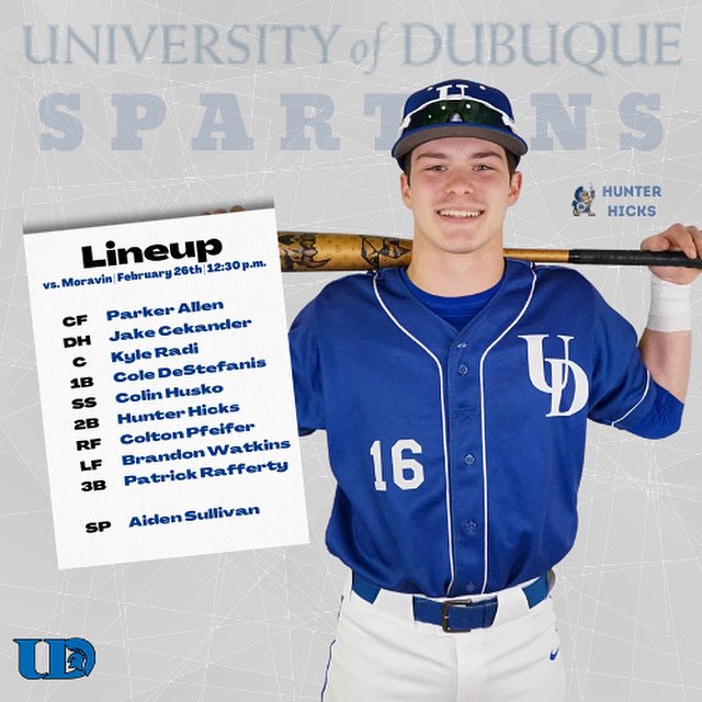 Here is your Spartans starting lineup for today’s game vs Moravian University. First pitch at 12:30 p.m. (ET)

🆚 Moravian  
⏰ 12:30 p.m. (ET) 
📍 Auburndale, FL.
🏟️ Lake Myrtle Park #6
🎥 russmatt.com/tournament-inf…
📊 moraviansports.com/sports/bsb/202…