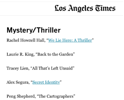 BACK TO THE GARDEN is a nominee in the Mystery/Thriller category for the LA Times Book Fest award, given at the end of April. A great list!

lat.ms/3ZhZj7c