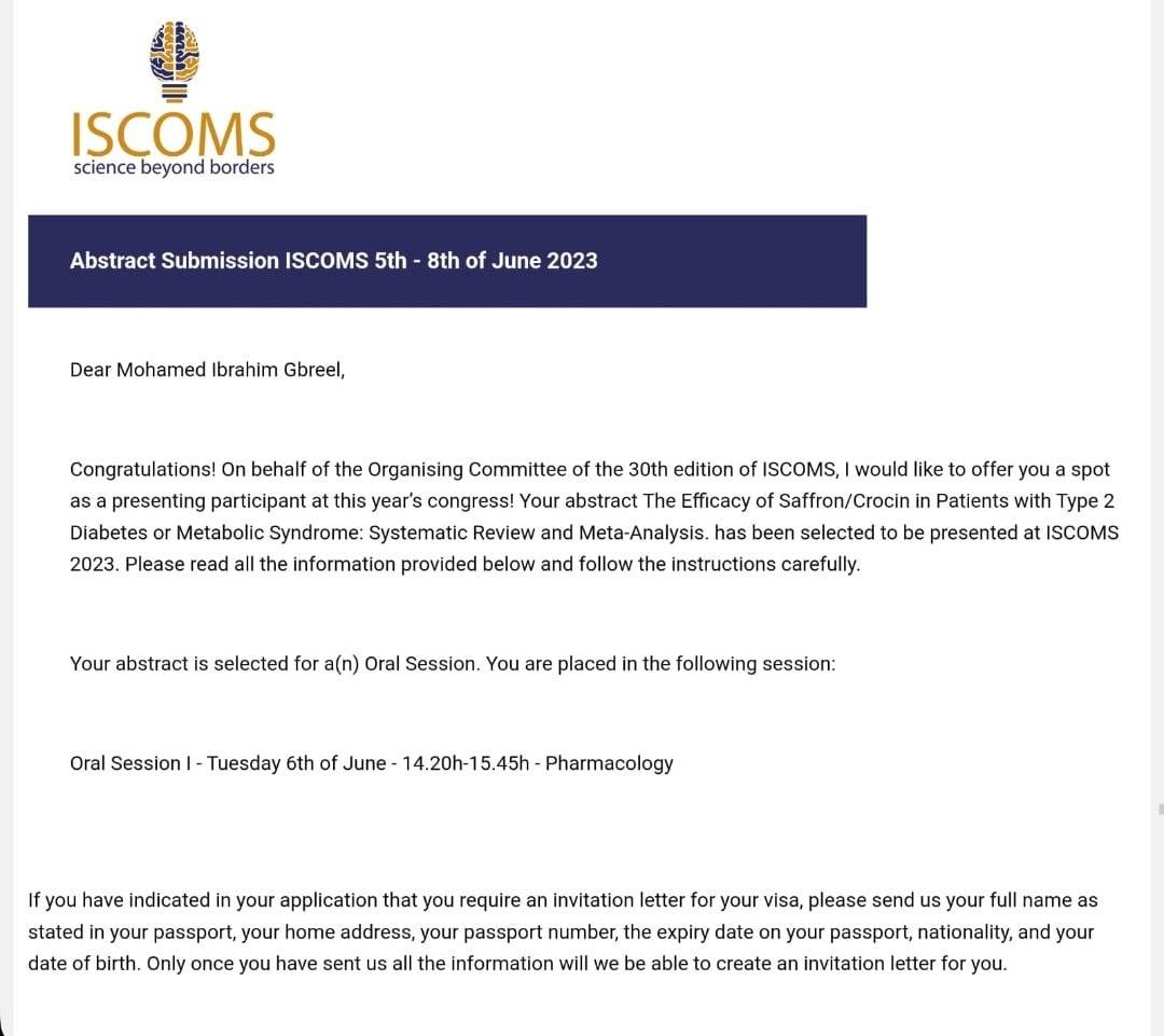Our abstract has been accepted for presentation at the 30th International Student Congress of (bio)Medical Sciences <a href="/ISCOMS/">ISCOMS</a> , which will be held in Groningen, The Netherlands. 🇳🇱🇳🇱🇳🇱😀🤩
<a href="/_mohamedgbreel/">Mohamed Ibrahim Gbreel</a>