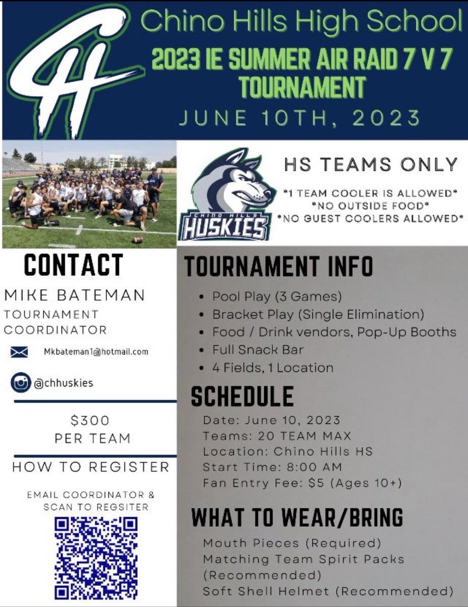 It’s Official. 7v7 Tourney at Chino Hills High School June 10th. Come and compete and get your  team ready for the upcoming season.