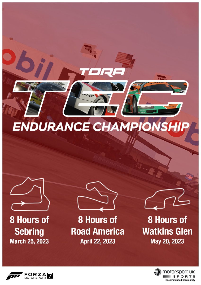 The TORA Endurance Championship returns!  This #TORATEC season will feature the ever-popular Gr.X and Gr.T cars at three different tracks for 8-hour races!  For more info, check out our Discord!

discord.gg/E265mhs