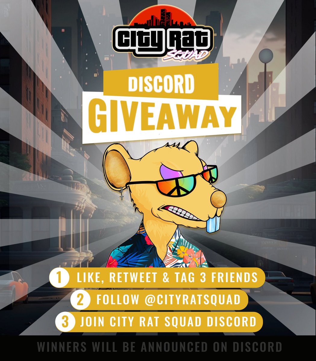 0xPAY_'s tweet photo. 🚨City Rat Squad Giveaway🚨

🏆 100 $ADA 
🏆 5 WL

1️⃣ -❤️ &amp; RT - TAG 3 FRIENDS
2️⃣ - Follow @cityratsquad @TommyNFT__ turn on🔔
3️⃣ - Join Discord https://t.co/hUPw0SvxsI

⏳72 H

#CNFTCommunity #CNFTProject #CNFT #CNFTdrop #CNFTGiveaway  #Cardano #NFT #NFTs #NFTCommunity #CNFTs https://t.co/6G1oGx9Jb2