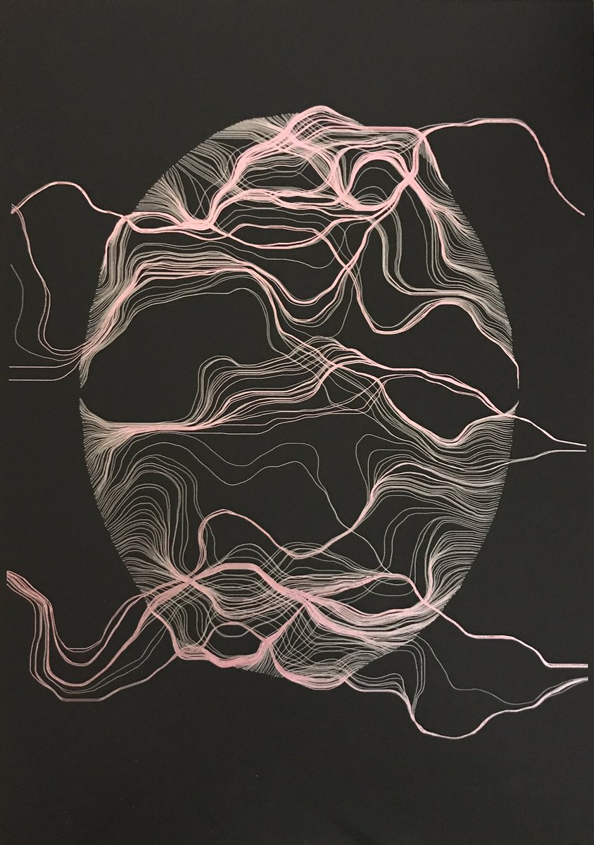 EmmanuelVdeV's tweet photo. Iterations of Fluid Masks #uniball Signo metal pens on Fabriano Bristol Black Black paper. #processing #generativeart #plotter #plottertwitter #abstractart #lineart #axidraw https://t.co/cEP0436JFd