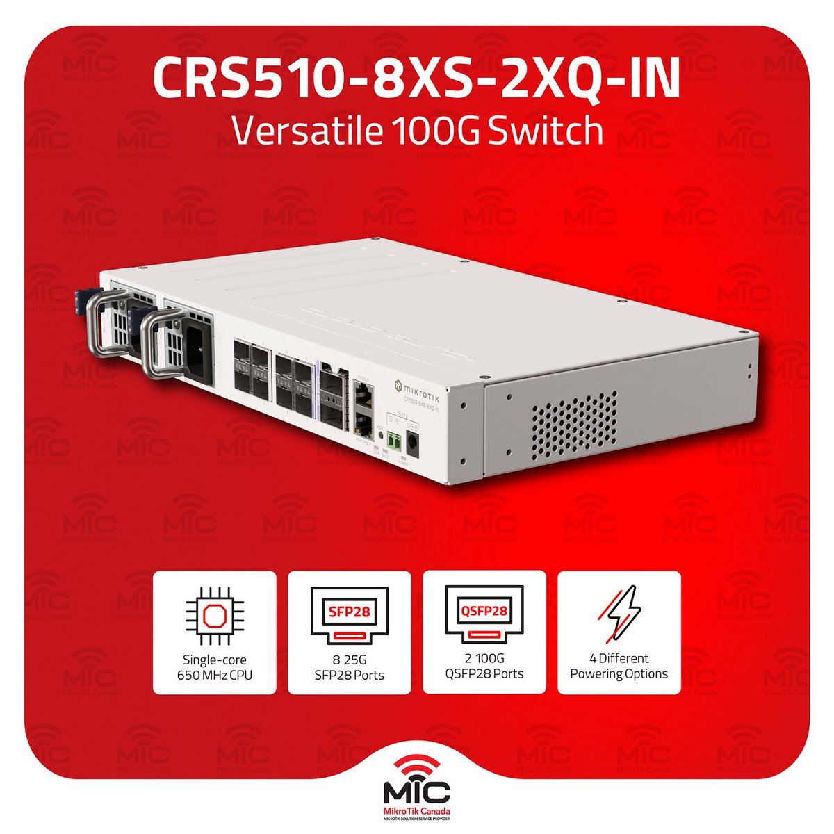 mikrotikcanada's tweet image. Running an ISP &amp;amp; worried about downtime? Looking to put #100Gbps in hosting servers &amp;amp; keep customers happy? The brand new #CRS510_8XS_2XQ_IN #switch comes with 4 powering options &amp;amp; colorful pors to implement any network design ! 

Read more: wirelessnetware.ca/blog/zero-down…