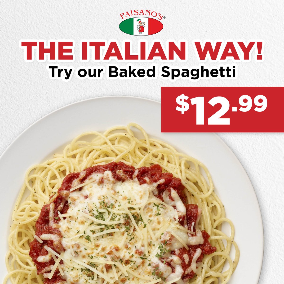 🍝 Make your lunch a pasta-licious one with Paisano’s Baked Spaghetti.

Made with fresh garlic, parsley, marinara sauce, parmesan cheese &amp; melted mozzarella cheese - this Baked Spaghetti will keep you comin’ back for more! 👏👏👏 

Order tonight @ PaisanosPizza.com