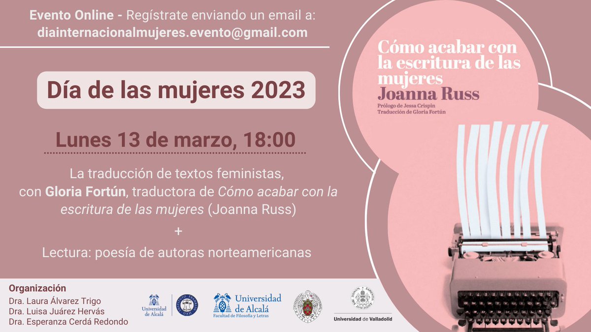 Un año más organizo un evento sobre la escritura de mujeres y la poesía como celebración del #8M ¡Será un evento online! ~ Este año contamos con Gloria Fortún, hablaremos de Joanna Russ y leeremos poesía 💜
🗓️Lunes 13, 6pm 
Regístrate: diainternacionalmujeres.evento@gmail.com