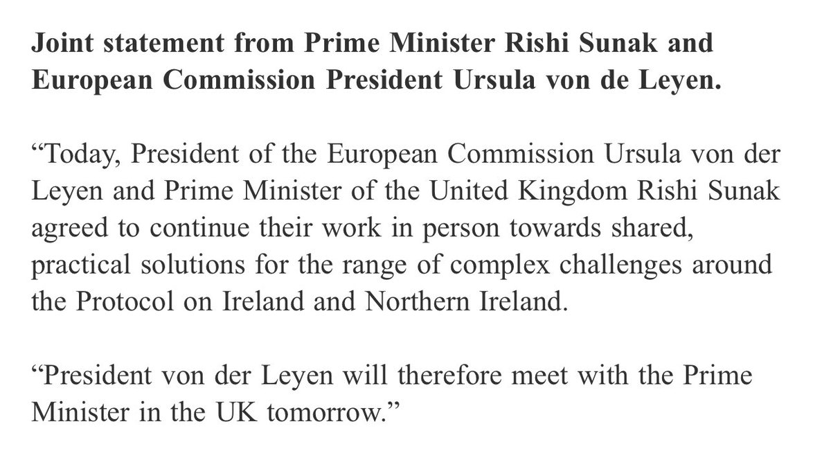 BREAKING: UK/EU announce face to face talks tomorrow on NI Protocol between @RishiSunak & @vonderleyen