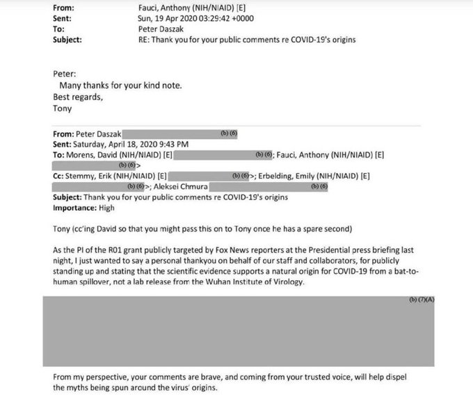 greg_price11's tweet photo. Never forget that scientists told Dr. Fauci at the beginning of the pandemic the virus looked engineered and he then publicly covered up the lab leak theory, and was thanked for it by Peter Daszak from EcoHealth Alliance, the company through which Fauci's NIH funded the Wuhan lab https://t.co/5BB2xr6UFd