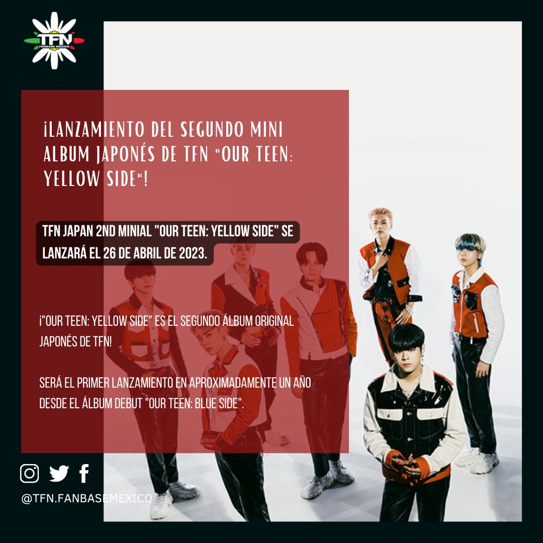 TFN_FBMEXICO's tweet photo. ❗Nuevo mini álbum japonés "OUR TEEN: YELLOW SIDE"❗😱
Se lanzará el 26 de abril de 2023 (fuente: TFN JAPÓN)
Más info:⬇️
https://t.co/kdum33oFaQ
#TFN #T1419 #MIRAGE #MINIALBUM #YELLOWSIDE #EDELWEISS https://t.co/8oyL0ubnjv