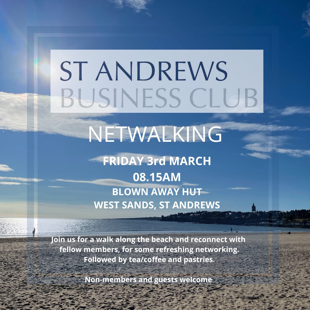 All our welcome to join us on Friday for a walk along the beach, to connect with members and non-members for some  networking.  Coffee/tea is provided.

To book, please go to: eventbrite.co.uk/e/st-andrews-b…

We look forward to seeing you there.  

#standrewsbusiness #networking