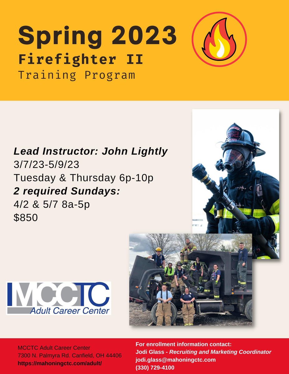 Firefighter II starts March 7th. Space is limited. Apply today! mcctc.axstudent.com/#/category/ZP/… #mcctcadultcareercenter #ohio #canfield #firefighter #firefightertraining