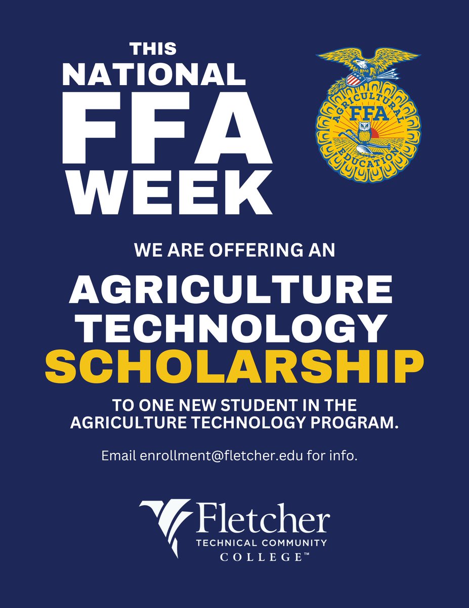 FletcherCollege's tweet photo. In honor of National FFA week, we are offering an agriculture technology scholarship to one new student in our ag tech program.

Please email enrollment@fletcher.edu for info. 

#FFAWeek #FFA https://t.co/iabQjYcKR3