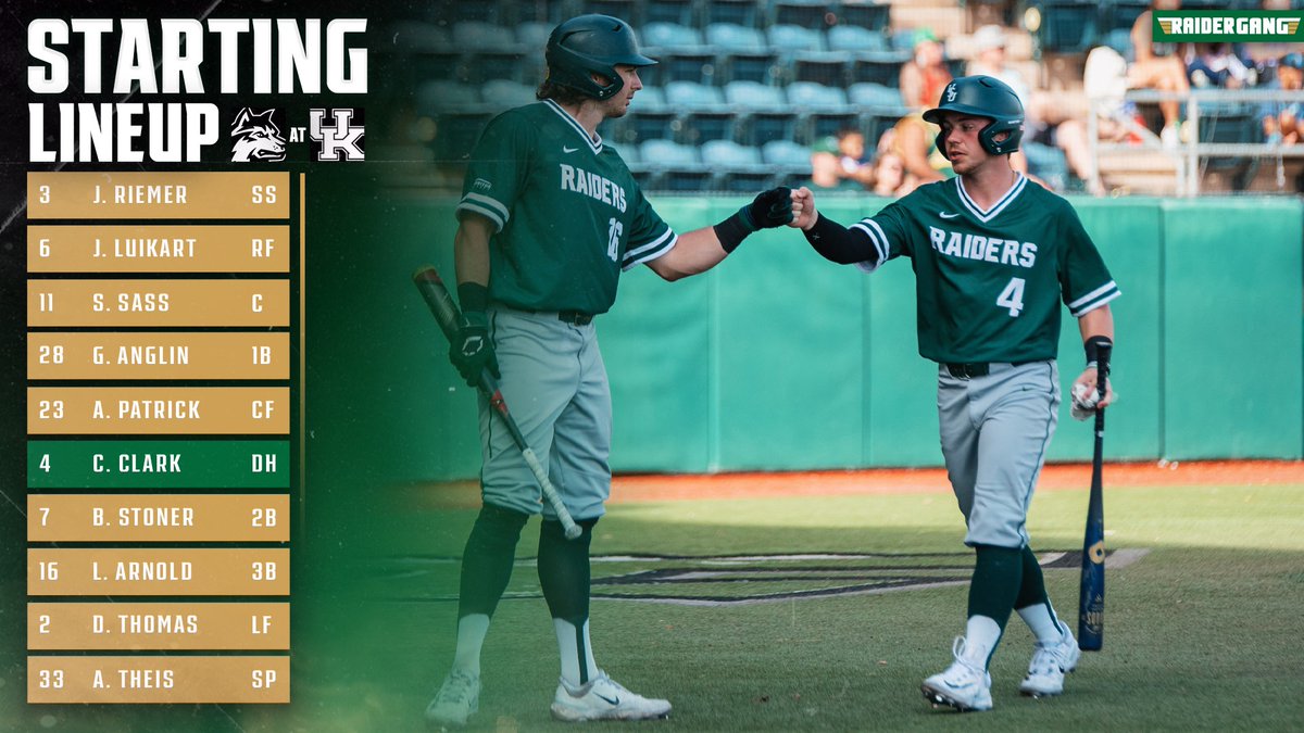WSURaidergang's tweet photo. Carson Clark and Ben Stoner will make their first collegiate starts in today’s 1 p.m. series finale at Kentucky.

📺 https://t.co/V3glLwMV0w
📊 https://t.co/NQsLUSid6q

#Raidergang | #BuildtheMonster https://t.co/pUaf9pgNQF