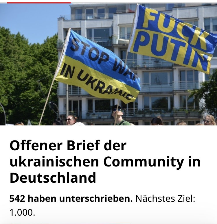 Hier ist der offene Brief der ukrainischen Community in Deutschland, keine 1000 Unterstützerinnen. Vielleicht müssen wir lernen, das zu verstärken, damit sie in Talkshows sitzen. Hier der Link , Fall jemand unterschreiben will. change.org/p/offener-brie…