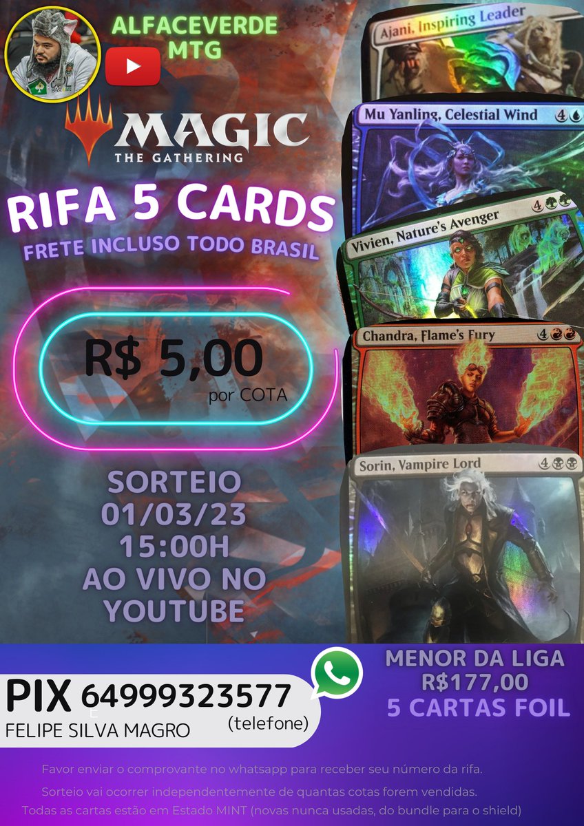 Pessoal estou passando por dificuldades financeiras, quem puder ajudar o canal fico muito grato. São 5 cartas foil, envio para todo o Brasil. Sorteio vai ocorrer na data prevista independente de quantas forem vendidas. Abraço a todos. #mtg #magicthegathering #mtgarena #mtga