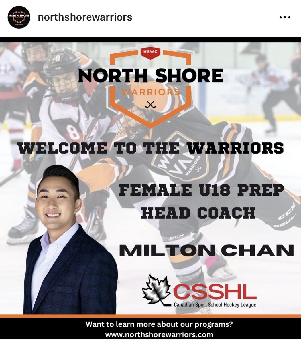 MiltonChan17's tweet image. Excited for this great opportunity to be the inaugural Head Coach in the CSSHL for the new North Shore Warriors U18 Female Prep Team! Can’t wait to get started! #femalehockey #hockey #csshl