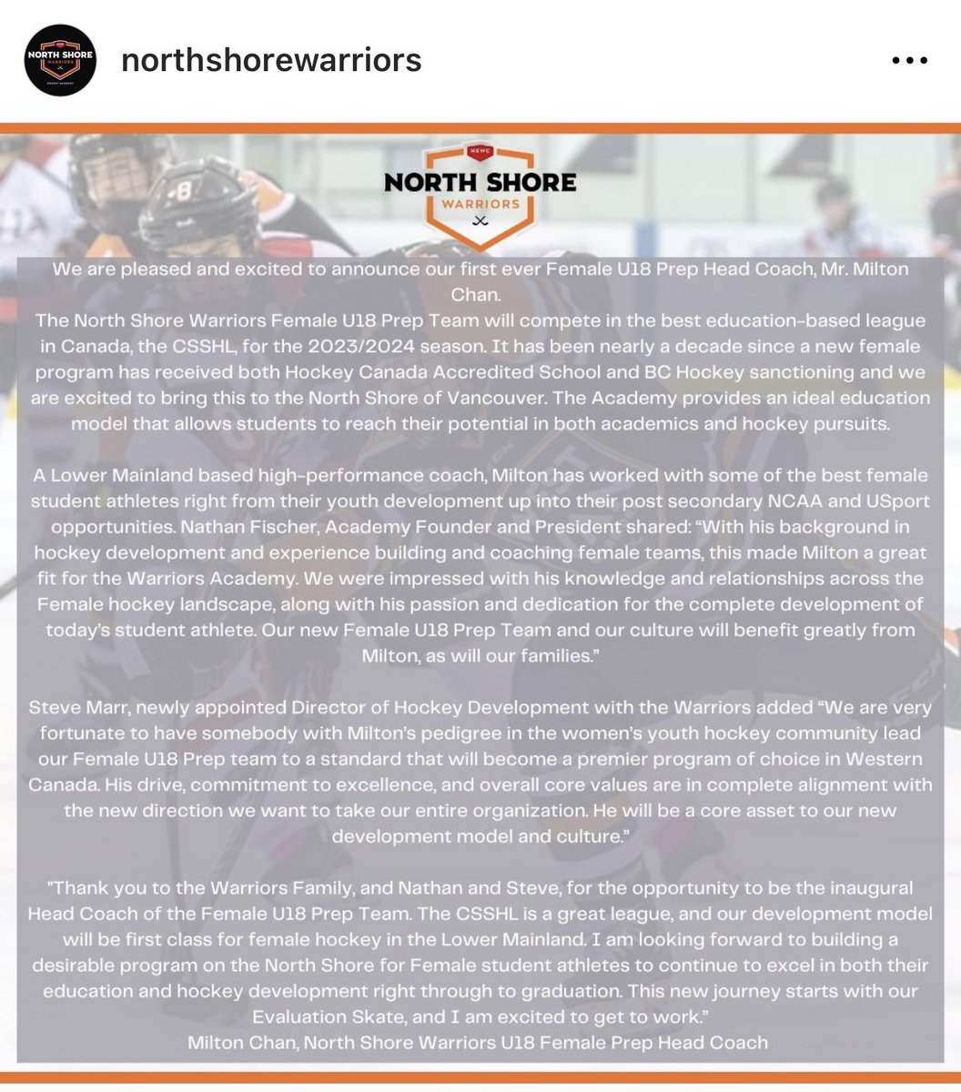 MiltonChan17's tweet image. Excited for this great opportunity to be the inaugural Head Coach in the CSSHL for the new North Shore Warriors U18 Female Prep Team! Can’t wait to get started! #femalehockey #hockey #csshl
