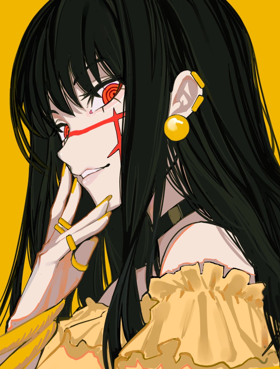 1girl ringed eyes solo black hair jewelry scar long hair  illustration images