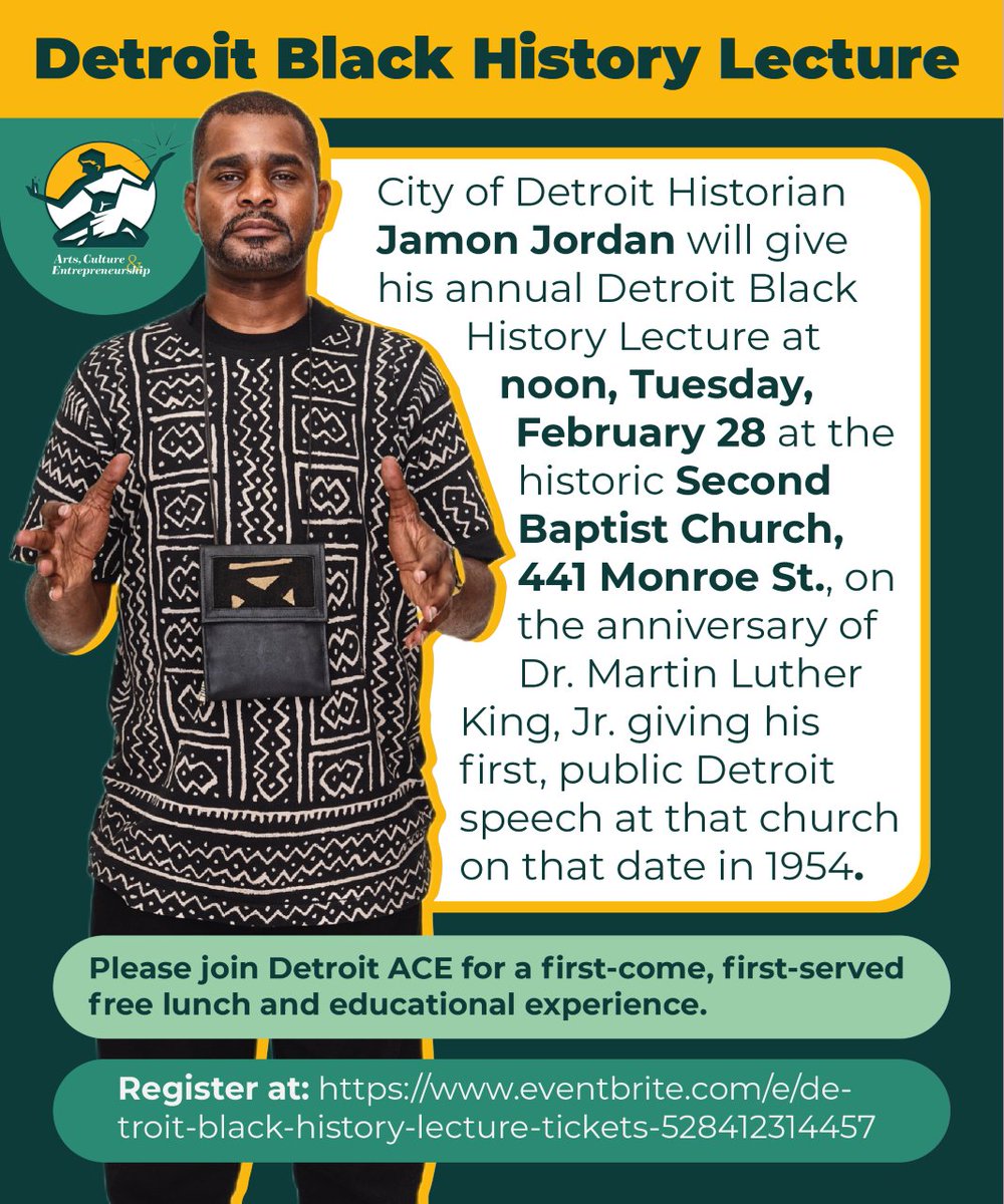 rochelleriley's tweet photo. DETROIT _ Do not miss the annual Detroit Black History lecture from Official City of Detroit Historian #JamonJordan at noon Tuesday. We are SOLD OUT at Second Baptist Church, but you can watch it live-streamed on Facebook at https://t.co/ykE1eKllqR https://t.co/pbVFYt0xM5