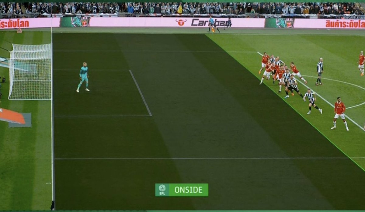 🫣 So this is the offside line…

 🤔 There’s only 1 line? And Casemiro’s boot is right on the green line, which is where Wilson’s foot is, but Casemiro’s shoulder is DEFINITELY ahead of his foot