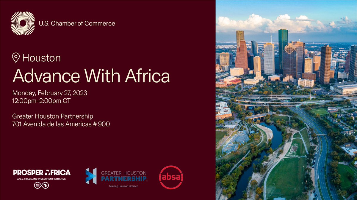 Attn: Houston business owners! Our "Advance with #Africa" roadshow comes to #Houston Monday, Feb. 27. Join us to learn more about expanding your business overseas. Sign up here to attend in-person or virtually: uschamberofcommerce.swoogo.com/awa_houston_20…