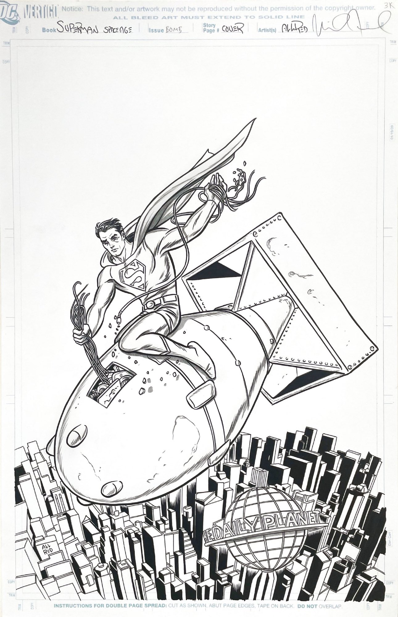 Unused Superman: Space Age cover by Mike Allred of a bemused-looking Superman disarming a nuke about to land on top of the Daily Planet.