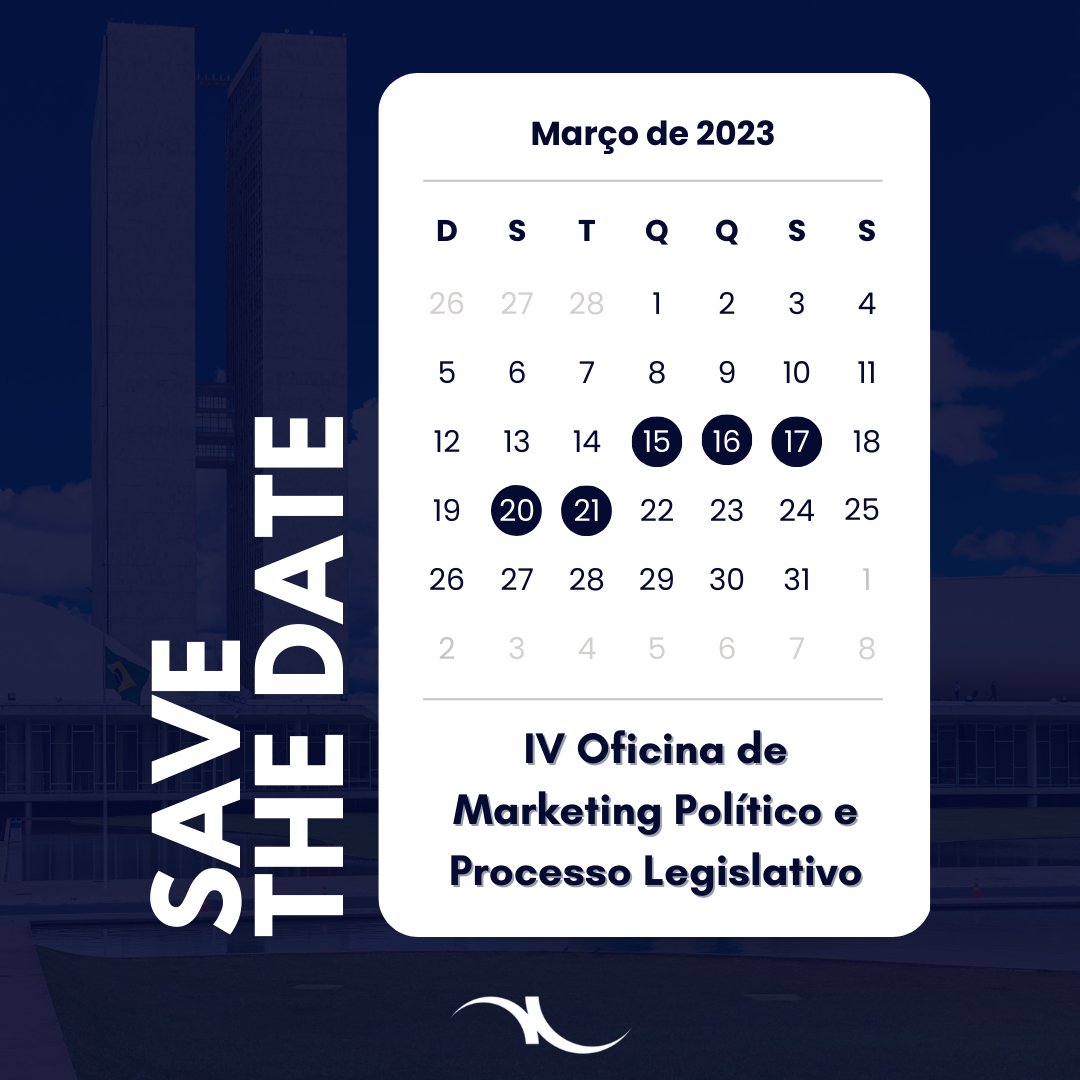 PPoliteia's tweet photo. [SAVE THE DATE]

A IV Oficina de Marketing Político e Processo Legislativo do Projeto Politeia está chegando!

A edição deste ano acontecerá nos dias 15, 16, 17, 20 e 21 de março, contando com diversas novidades. Mais informações serão divulgadas em breve. Fica de olho! 👀 https://t.co/KIGnw8NsHh