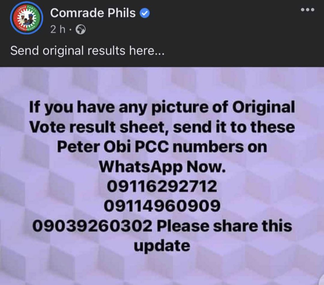 phemmysoremi's tweet photo. Please retweet for LP agents to see
#CongratulationsObidatti #INECIsCorrupt #INECUploadPresidentialResult #INECiscompromised #inecresults
#Obasanjo MC Oluomo Lagos and Rivers Kwankwaso Collation Abia #ElectionResults Mahmood Yakubu
South South Adeleke Alimosho National Assembly https://t.co/PF9ovO3rpO