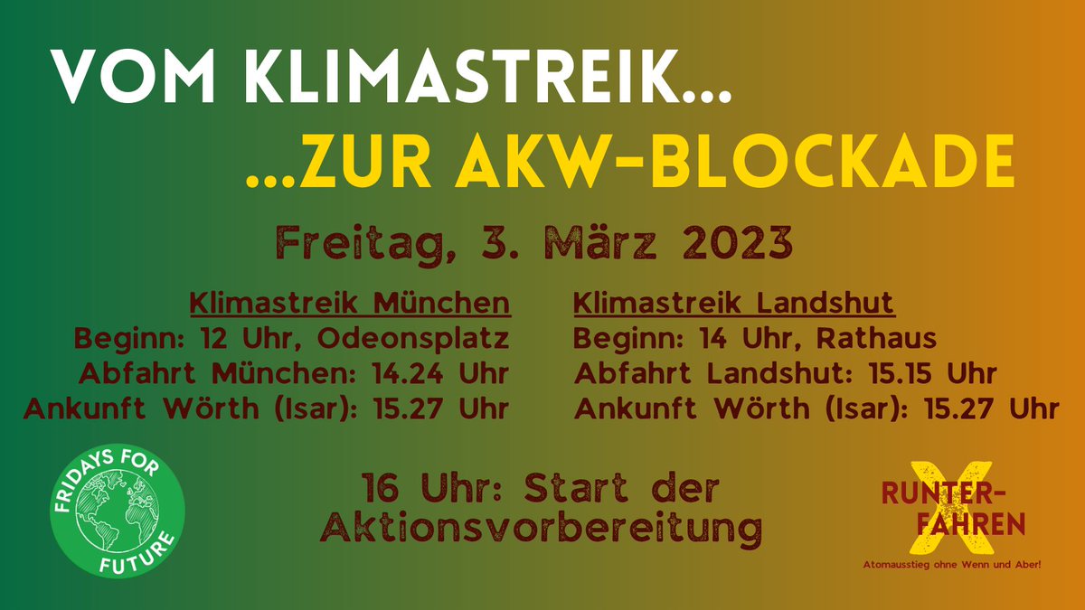 Das erste Märzwochenende wird ein großes Klima- und Anti-Atom-Wochenende!
Ihr könnt am Freitag direkt vom #Klimastreik in München oder Landshut mit dem Zug zu unserer Aktionsvorbereitung fahren.
Für mehr Infos meldet euch bei uns: kontakt@runterfahren.org
#FridaysForFuture
