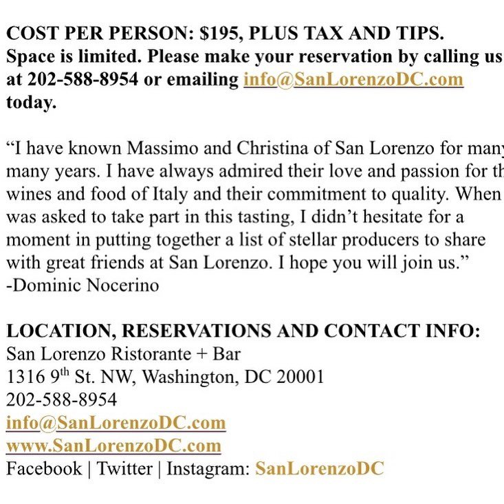 San Lorenzo and <a href="/ViniferaImport/">Vinifera Imports</a> Invite You to Enjoy the Very Best Boutique Wines of Italy at an EXCLUSIVE 13-BOTTLE WINE TASTING and 3-course WINE DINNER on Sunday March 12, 2023 at 5pm
Space is limited. Reserve at 202-588-8954. 🍷
#DC #winetasting #winedinner #italianfood #wine