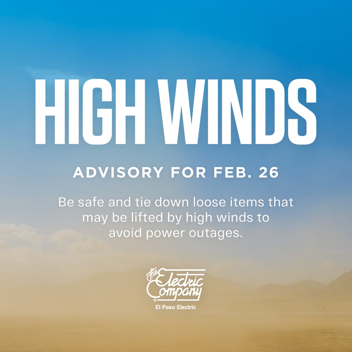 RT @ElPasoElectric: WIND ADVISORY: #EPElectric reminds you to #BeSafe during times of inclement weather, like high winds and strong gusts. This weather cause flying debris which can cause power outages.

Make sure to tie down loose items that may be lift…