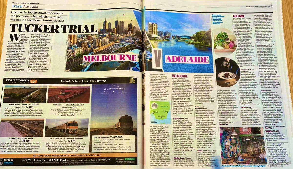 Pleasantly surprised to see my home town of Adelaide feature in the travel section of @thetimes today. Unsurprised to read @dromomaniac preferred Adelaide over Melbourne. @TourismAus @tourismsa