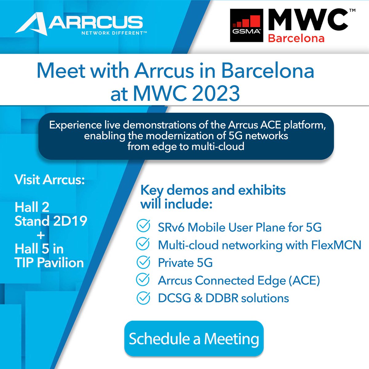 arrcusinc's tweet photo. #MWC23 kicks off tomorrow! Visit the @arrcusinc booth in Hall 2 - Booth 2D19. Experience live booth demos on the latest #Arrcus innovations in #multicloud, #5G, #SRv6 technology, and more!

https://t.co/FEOsGpoIcY

#mwc23  #NetworkDifferent #multicloud #cloudnetworking #telco https://t.co/FZwtnUrQb0