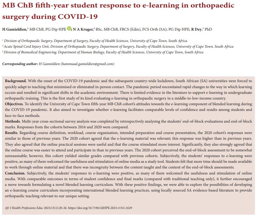 Orthopaedic Research Unit (@uct_oru) on Twitter photo Our latest publication on #elearning during #COVID19
doi.org/10.7196/AJHPE.…
<a href="/GlobalUct/">UCT Global Surgery</a> <a href="/UCT_Research/">UCT Research</a> <a href="/dey_roo/">Roopam Dey</a> <a href="/UCTHealthSci/">UCT Health Sciences</a> <a href="/uct_bmhsl/">Bongani Mayosi Health Sciences Library (BMHSL)</a> <a href="/UCTLibrary/">UCT Libraries</a> Our latest publication on #elearning during #COVID19
doi.org/10.7196/AJHPE.…
<a href="/GlobalUct/">UCT Global Surgery</a> <a href="/UCT_Research/">UCT Research</a> <a href="/dey_roo/">Roopam Dey</a> <a href="/UCTHealthSci/">UCT Health Sciences</a> <a href="/uct_bmhsl/">Bongani Mayosi Health Sciences Library (BMHSL)</a> <a href="/UCTLibrary/">UCT Libraries</a>