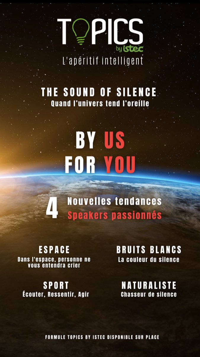 Un Topics by Istec comme vous ne l’avez encore jamais vu. Pour la première fois, 4 thèmes seront abordés par nous, pour vous ! 

Rendez-vous à 19h15 le mercredi 1er mars à la Brasserie « Bap Bap » ! 🍻

79 rue Saint-Maur 75011 Paris ⭐️