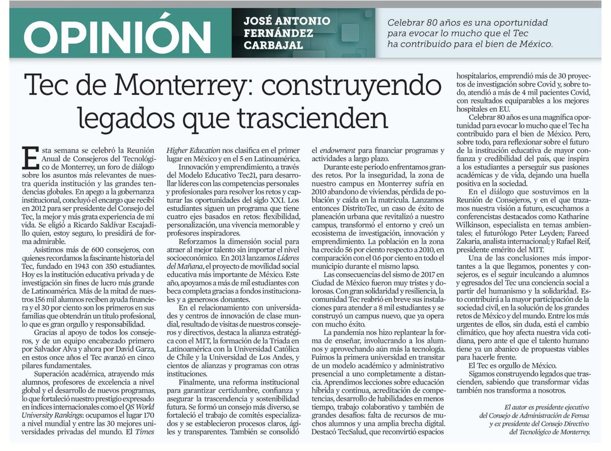 david_garza's tweet photo. Vivimos la sucesión del Presidente del Consejo del @TecdeMonterrey. Ricardo Saldívar asumió el rol en sustitución de José Antonio Fernández Carbajal, que continúa como consejero. Les invito a leer el editorial “Tec de Monterrey: Legados que trascienden” https://t.co/L0Wdryb5U0 https://t.co/IRhqiCADUa