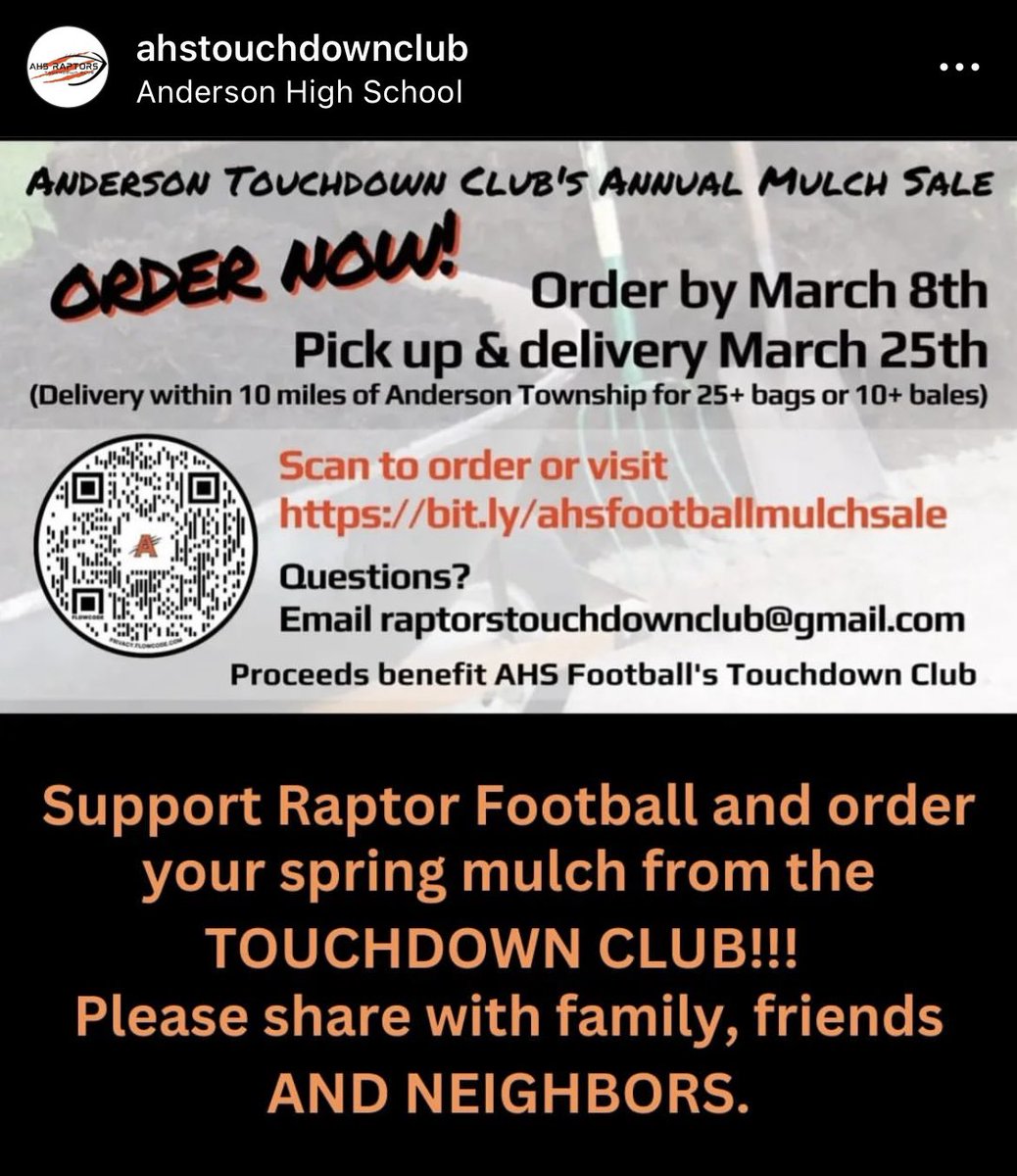 AHS_TDClub's tweet image. 🚨 MULCH MADNESS is upon us!! 🚨
Support your @_AHS_Football program and order your mulch from us! 
🛻 We will even deliver within 10 miles of @AndersonRaptors! Get your orders in by March 8th. (link in comments) @CoachEvanDreyer @Boosters_AHS @coachveil